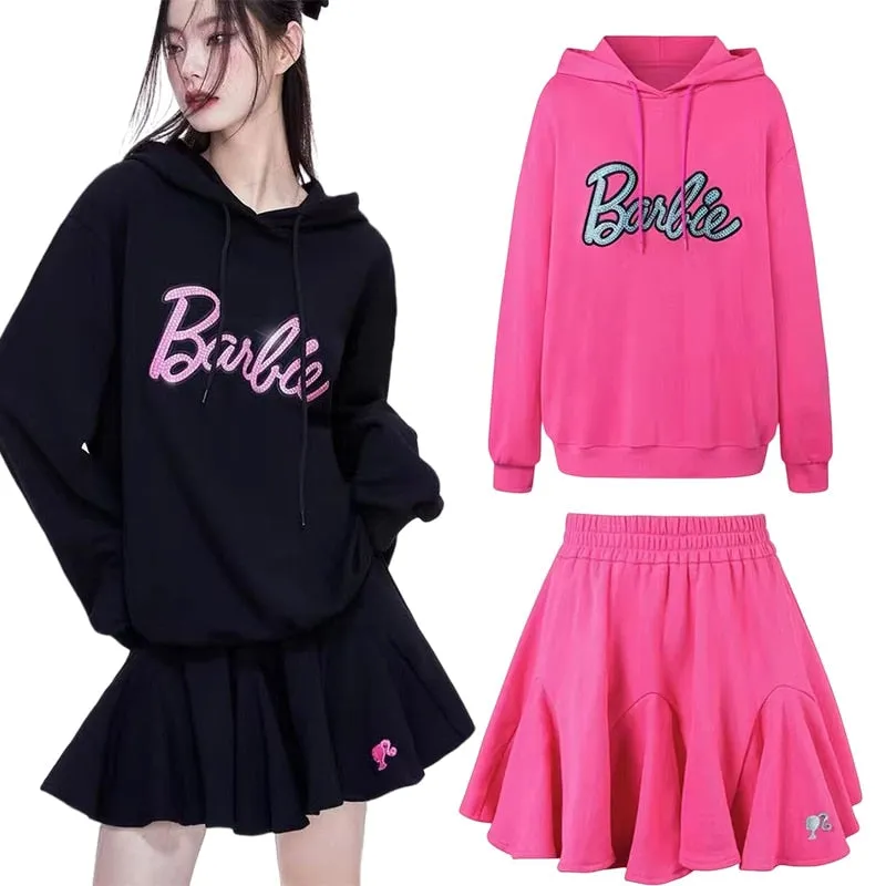 Joskka Barbie Inspired Outfits New Pure Cotton Barbie Drill Loose Sweater Dress Suit Y2K Girls Hooded Sweatshirt Pleated Skirt Fashion Girls Gifts