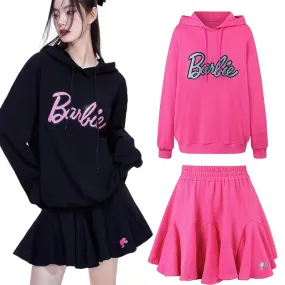 Joskka Barbie Inspired Outfits New Pure Cotton Barbie Drill Loose Sweater Dress Suit Y2K Girls Hooded Sweatshirt Pleated Skirt Fashion Girls Gifts