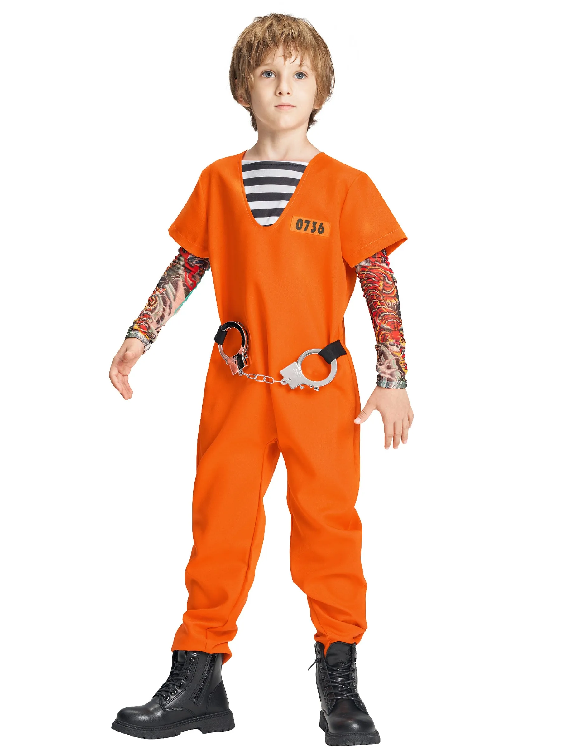 Kids Prisoner Jumpsuit Handcuffs Key Arm warmers Set Halloween Costume