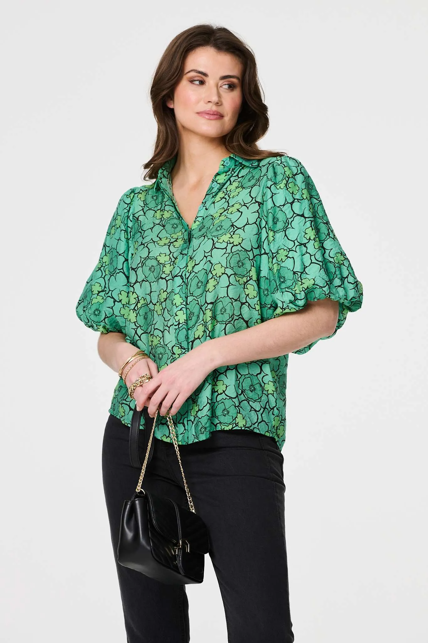 Leaf Print 1/2 Puff Sleeve Blouse