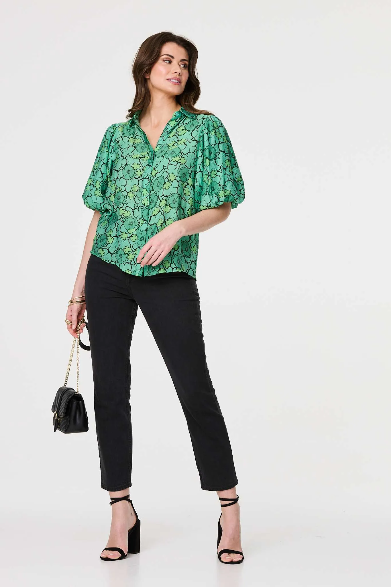 Leaf Print 1/2 Puff Sleeve Blouse