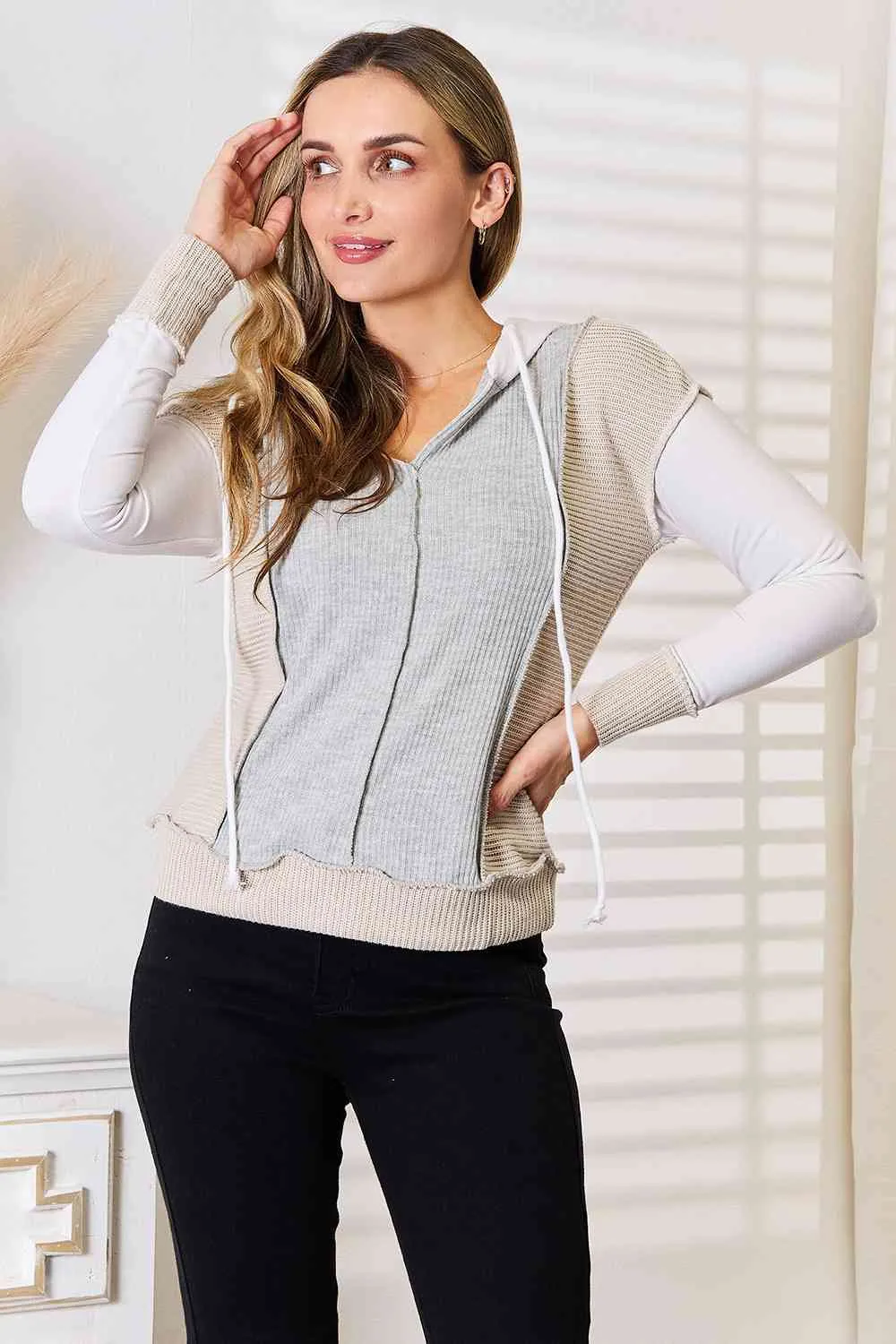 Light Grey Color Block Exposed Seam Drawstring Hoodie