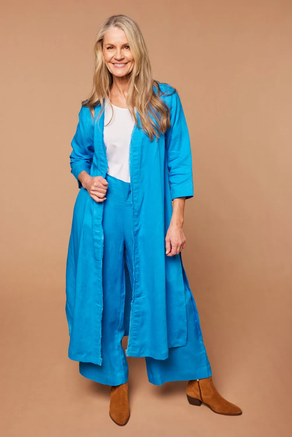 Long Line Linen Duster Jacket in Cobalt