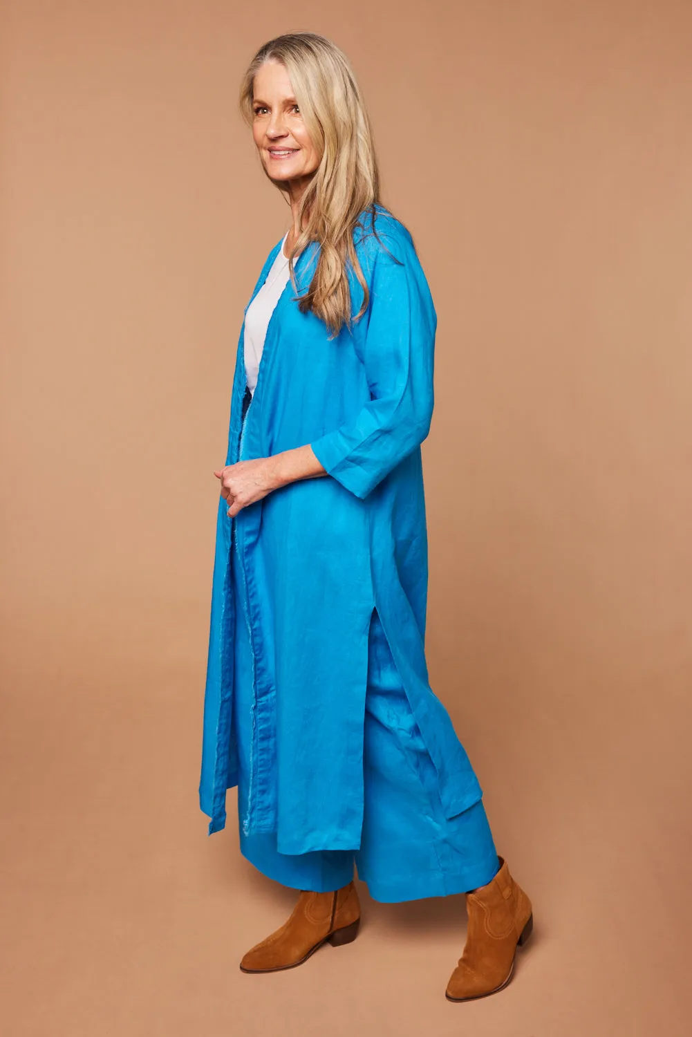 Long Line Linen Duster Jacket in Cobalt