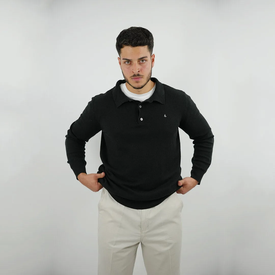 LOVAU COTTON WOOL OLD MONEY POLO - BLACK