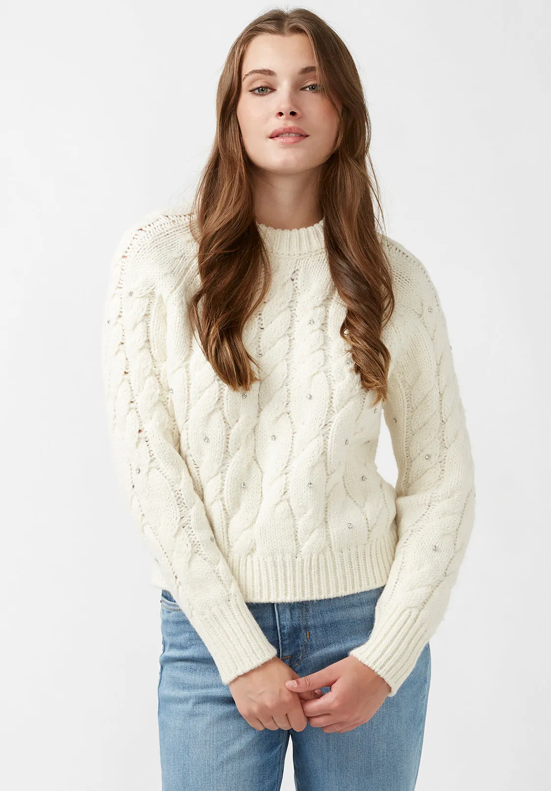 Magari Women's Long Sleeve Crewneck Cable Sweater in Ivory - SW0030H