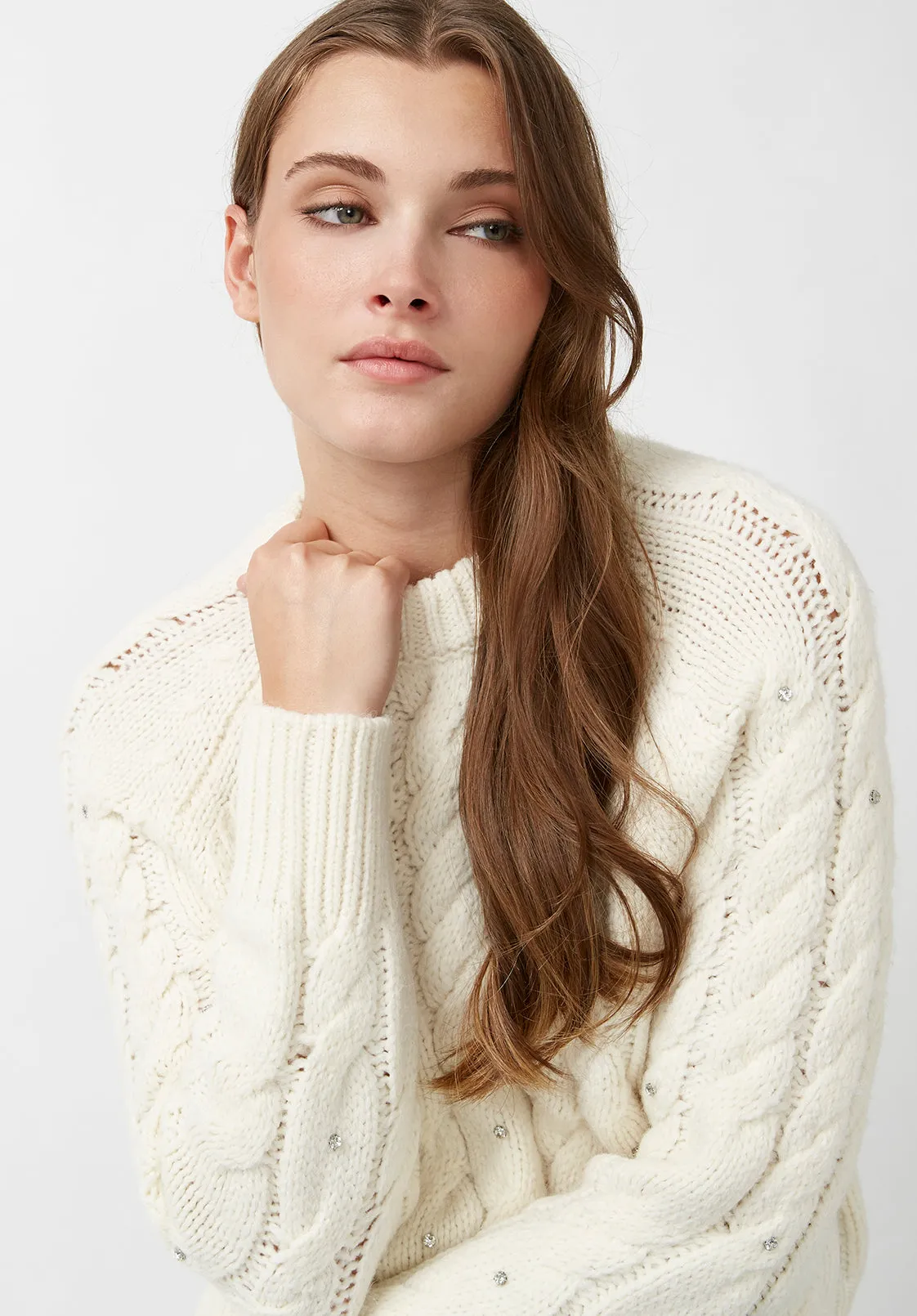 Magari Women's Long Sleeve Crewneck Cable Sweater in Ivory - SW0030H