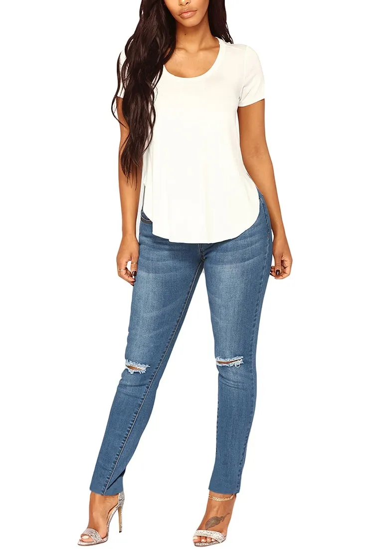 Medium Blue Drawstring-Waist Washout Ripped Skinny Jeans