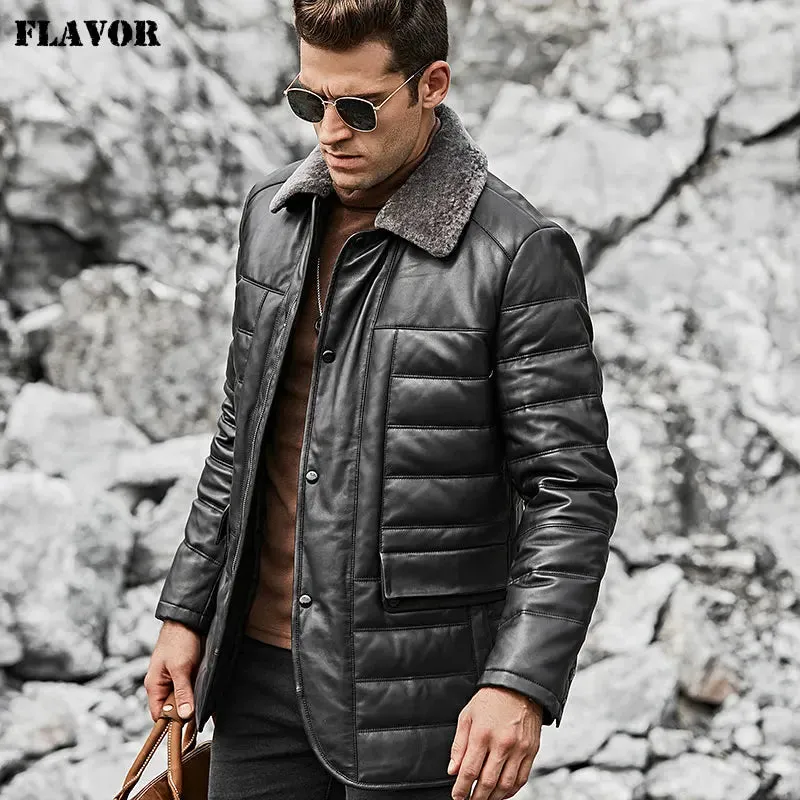 Men's Genuine Leather Down Jacket with Sheep Fur Collar