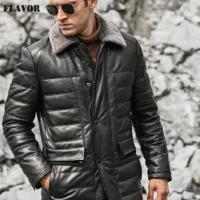 Men's Genuine Leather Down Jacket with Sheep Fur Collar