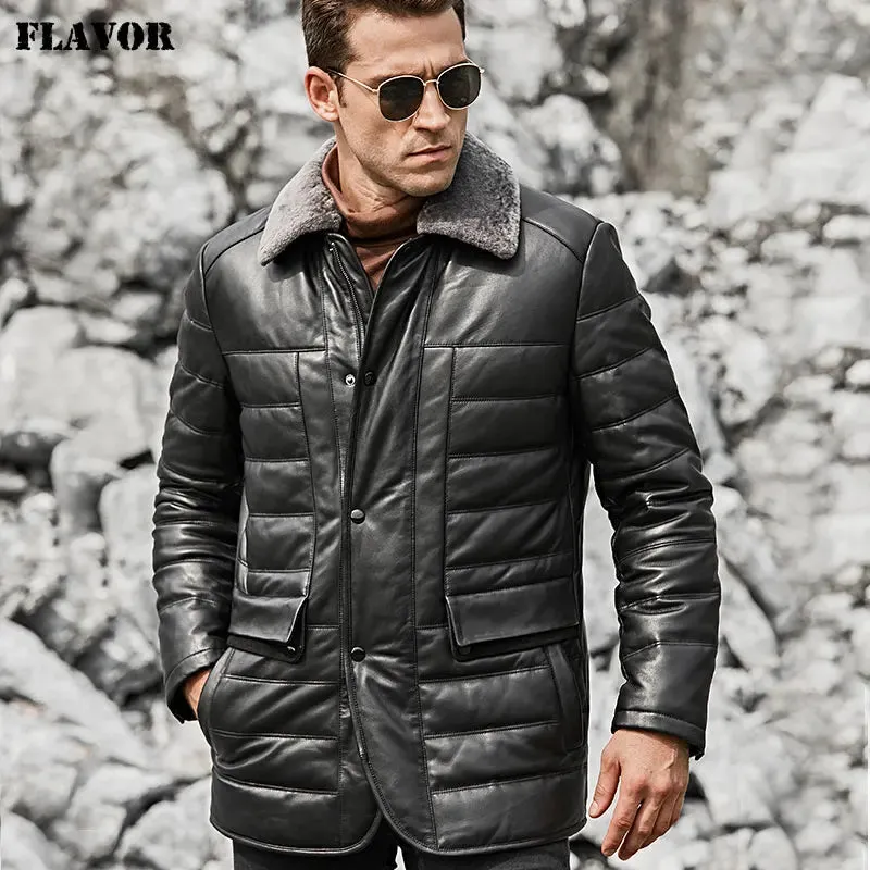 Men's Genuine Leather Down Jacket with Sheep Fur Collar