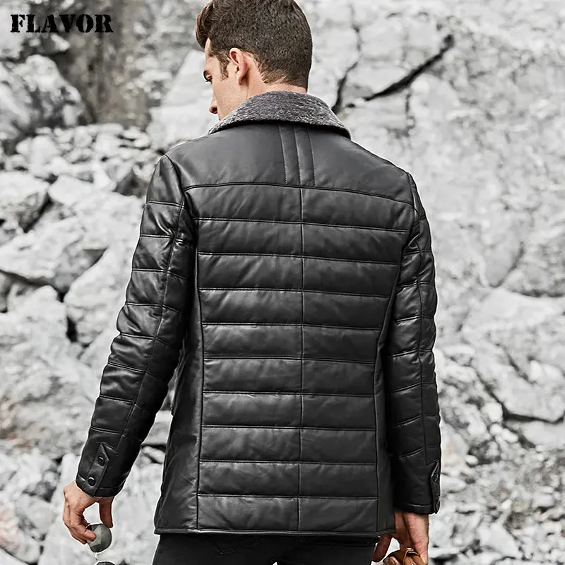 Men's Genuine Leather Down Jacket with Sheep Fur Collar