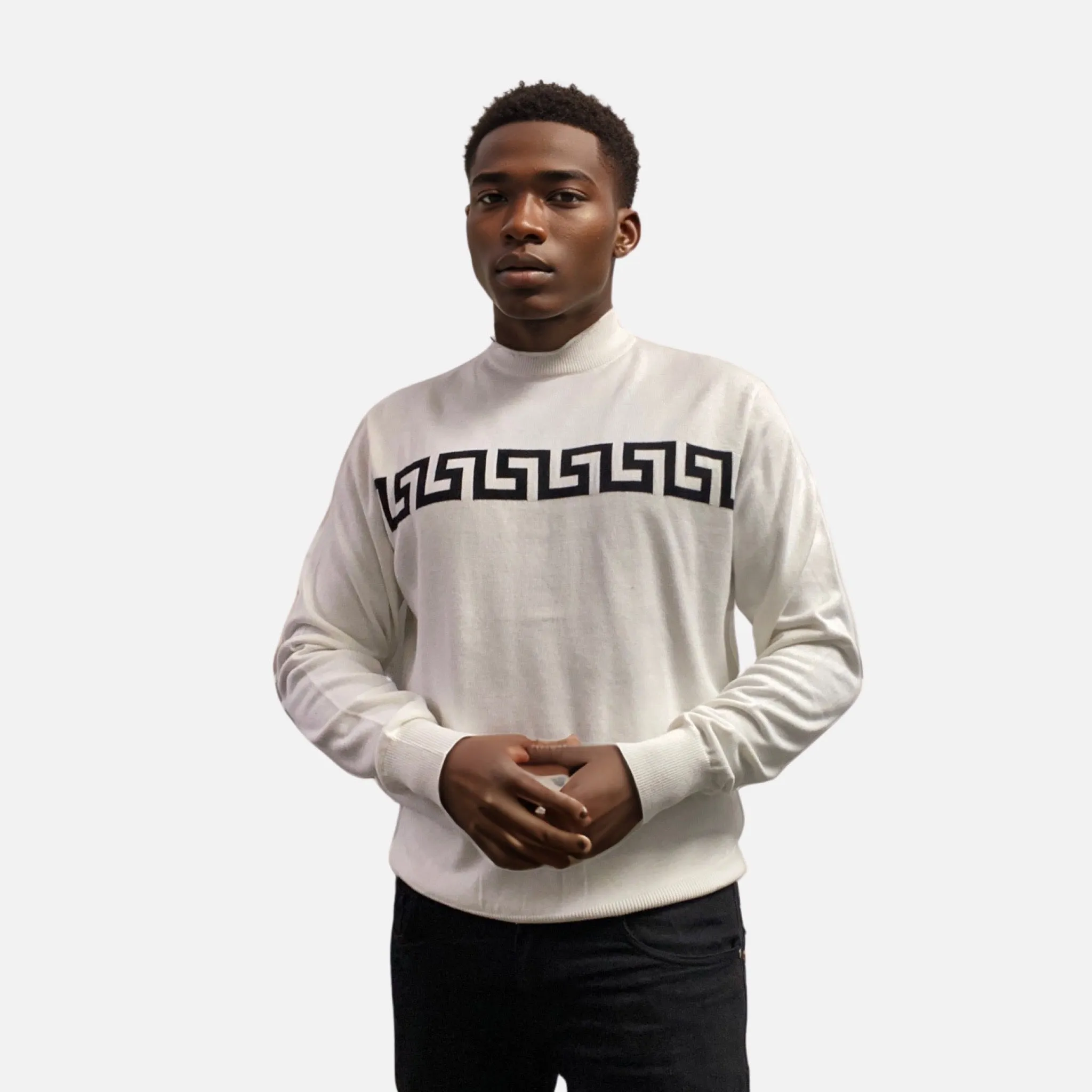 Men's White Mock Neck Sweater with Black Greek Key Pattern | Clearance