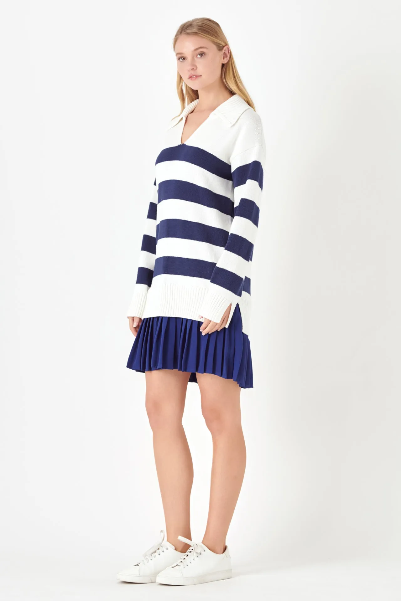 Mixed Media Stripe Pleated Mini Dress