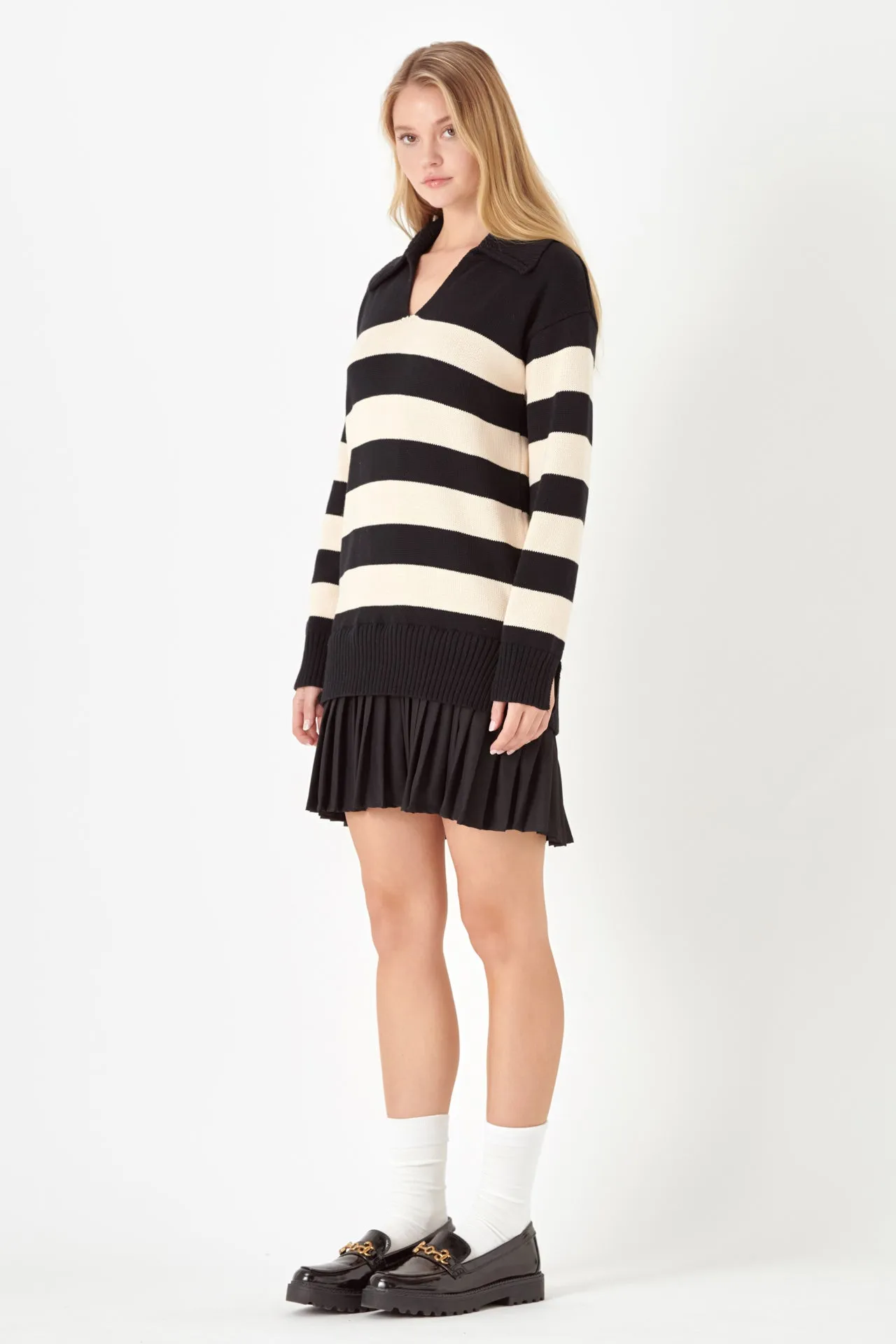 Mixed Media Stripe Pleated Mini Dress