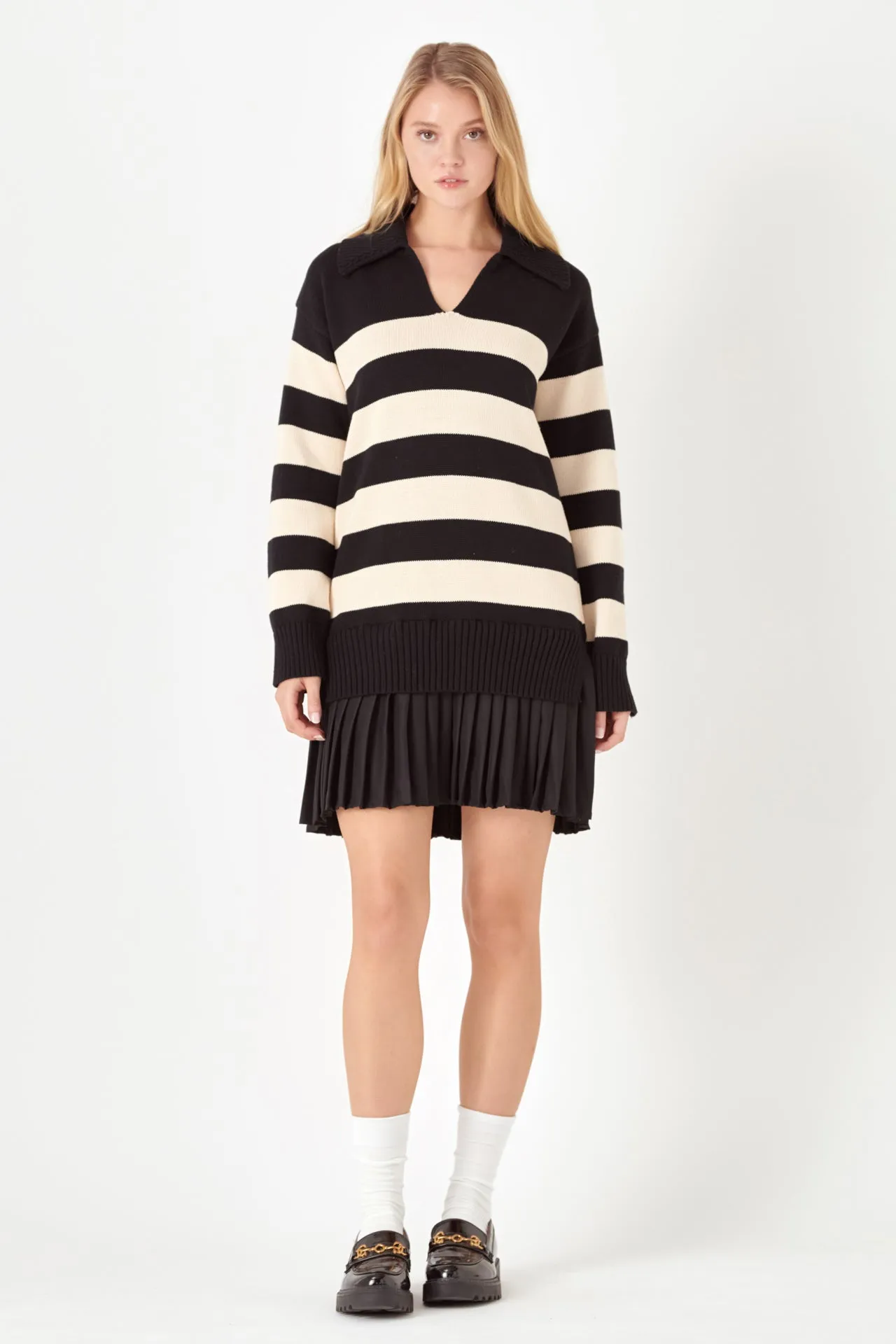 Mixed Media Stripe Pleated Mini Dress