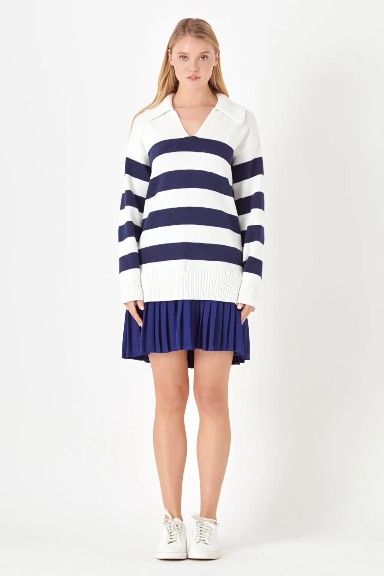 Mixed Media Stripe Pleated Mini Dress