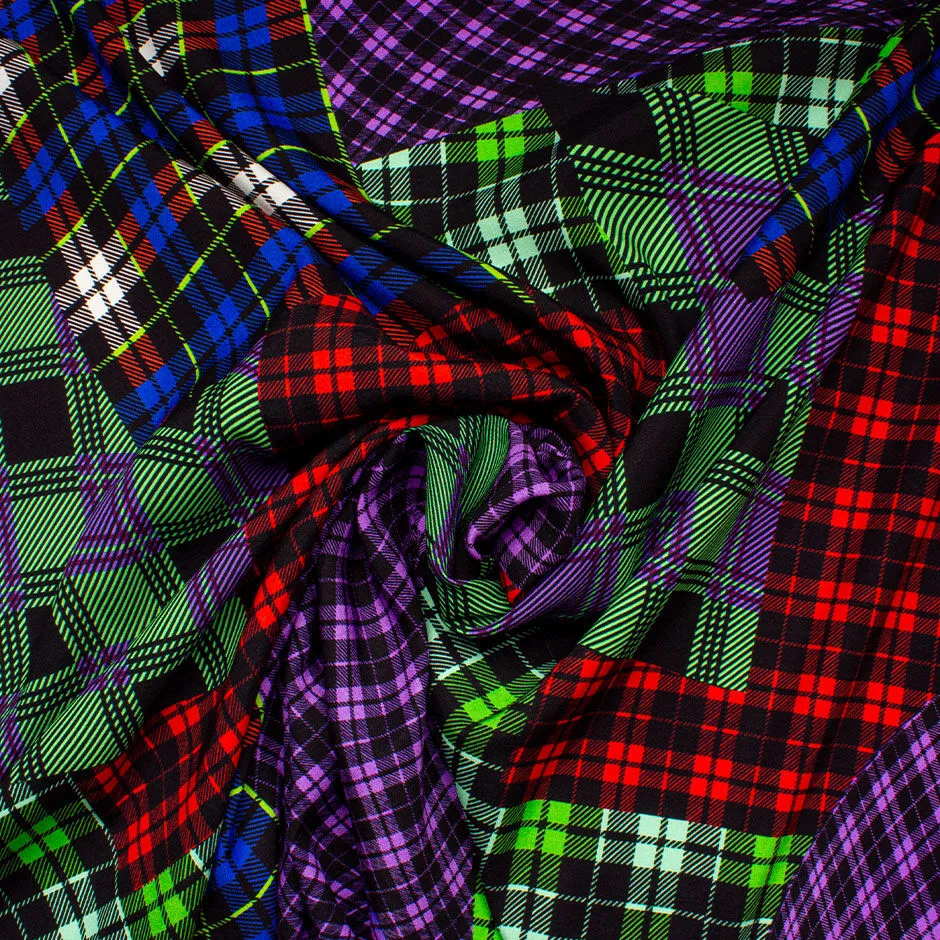 Multi-Coloured Tartan Patchwork Printed Stretch Silk