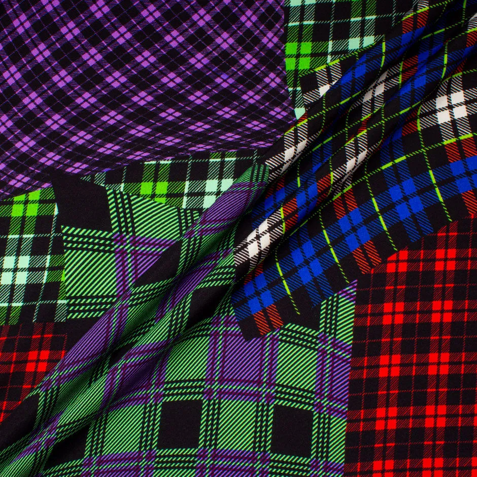 Multi-Coloured Tartan Patchwork Printed Stretch Silk