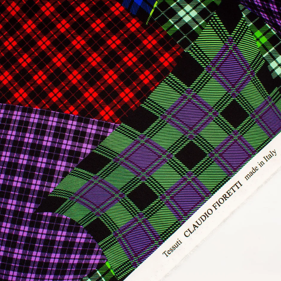 Multi-Coloured Tartan Patchwork Printed Stretch Silk