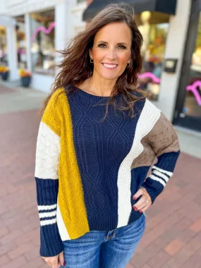 Navy & Mustard Colorblock Cable Knit Sweater