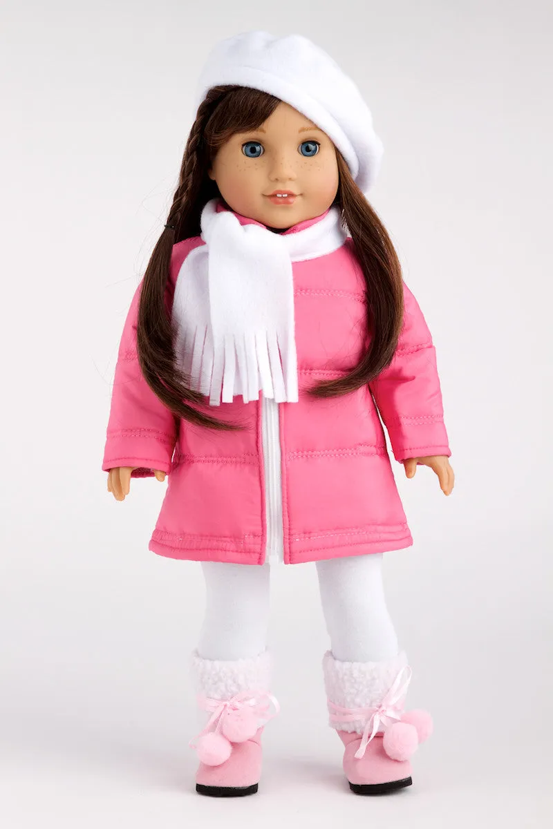 Parisian Adventure - Clothes for 18 inch Doll - Stylish Pink Coat, White Beret, Scarf and Leggings with Pink Boots