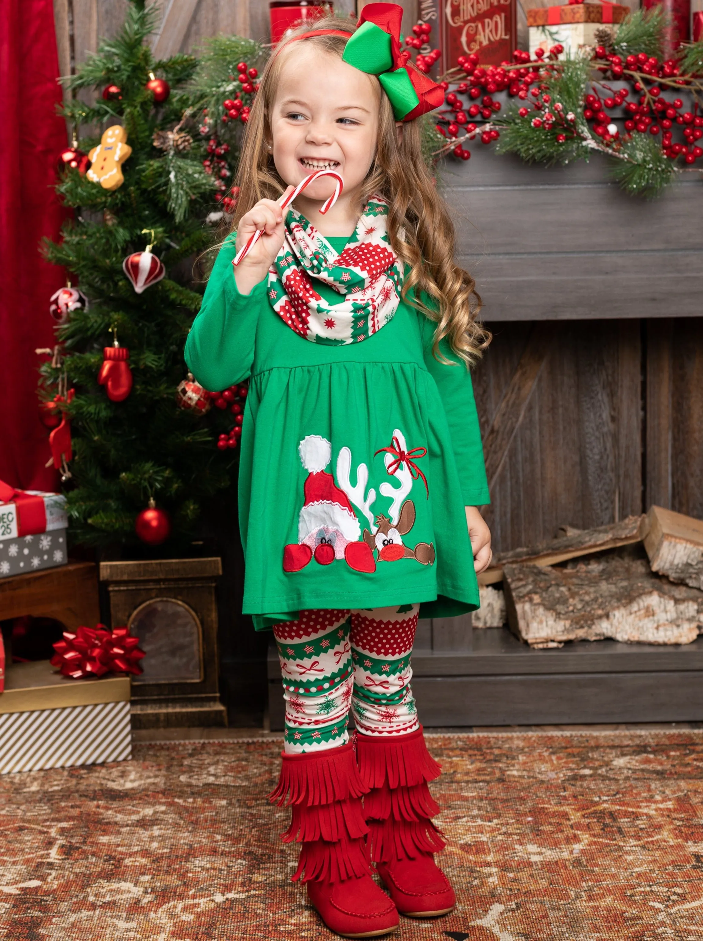 Peekaboo Santa Tunic, Scarf, And Legging Set