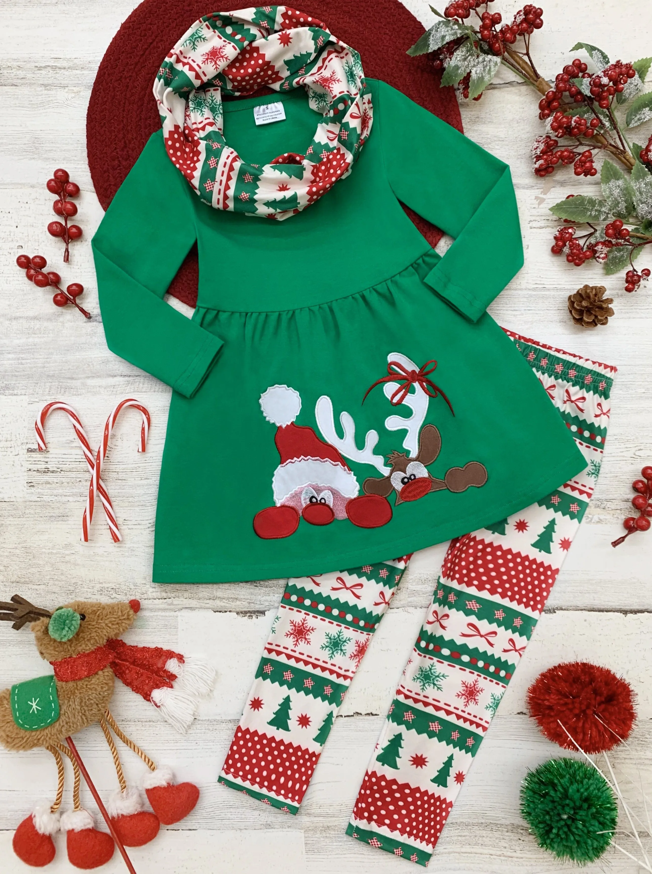 Peekaboo Santa Tunic, Scarf, And Legging Set