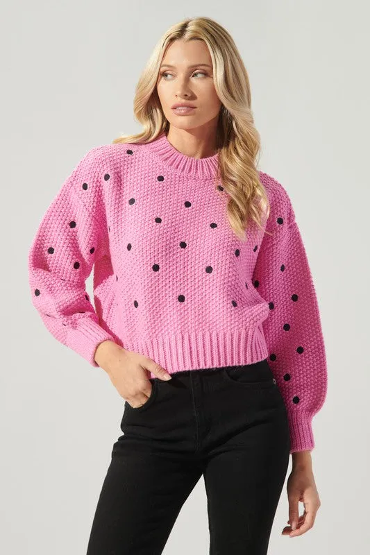 Pink-Black Minnie Embroidered Dot Sweater