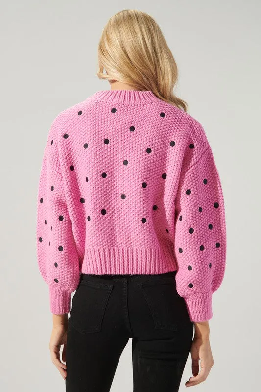 Pink-Black Minnie Embroidered Dot Sweater