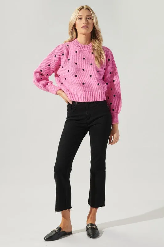 Pink-Black Minnie Embroidered Dot Sweater