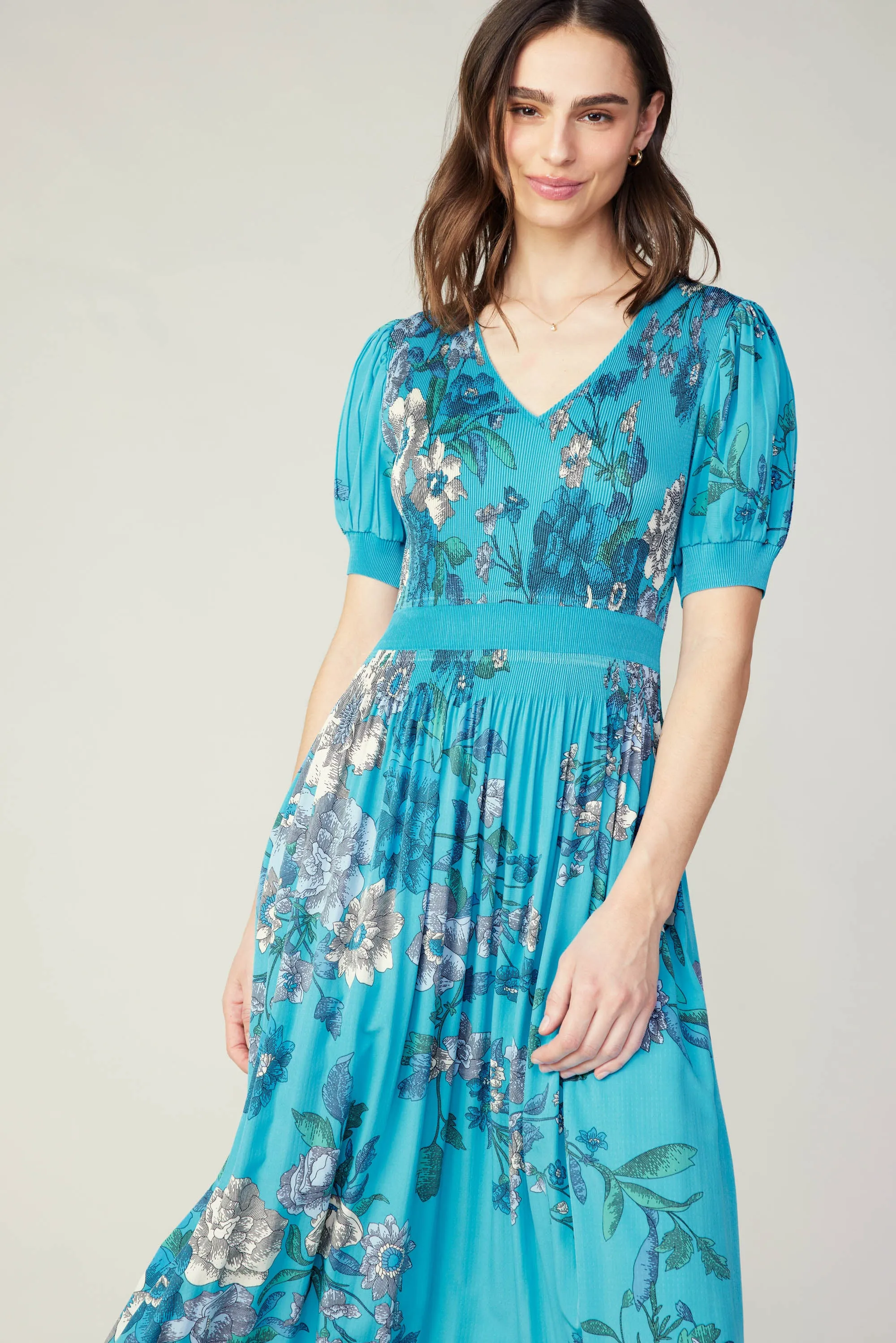 Pleated Botanical Midi Dress