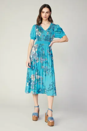 Pleated Botanical Midi Dress