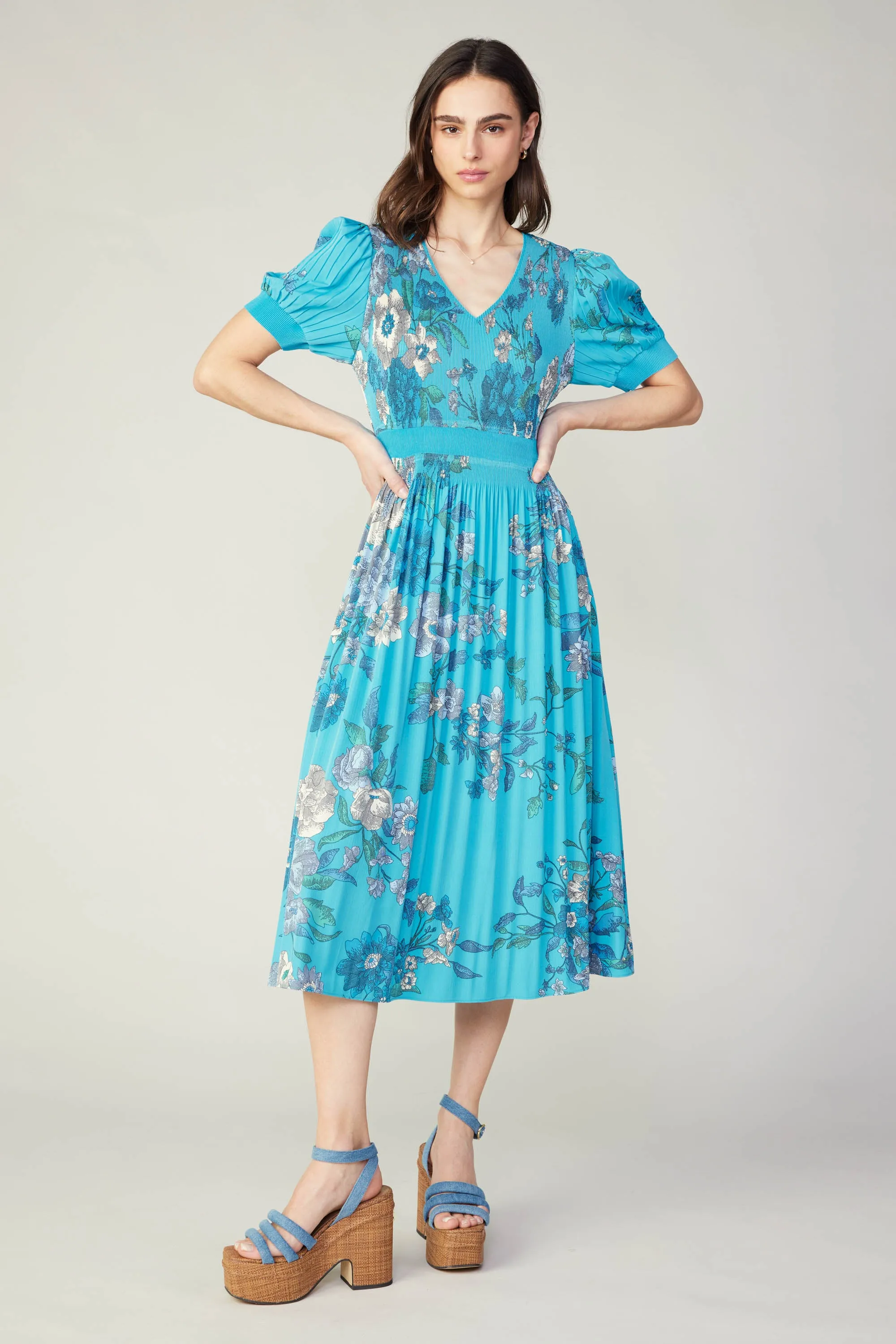 Pleated Botanical Midi Dress