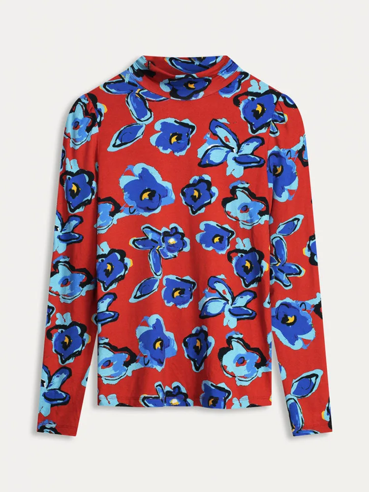 Pom Turtleneck Top Flower Glory Red