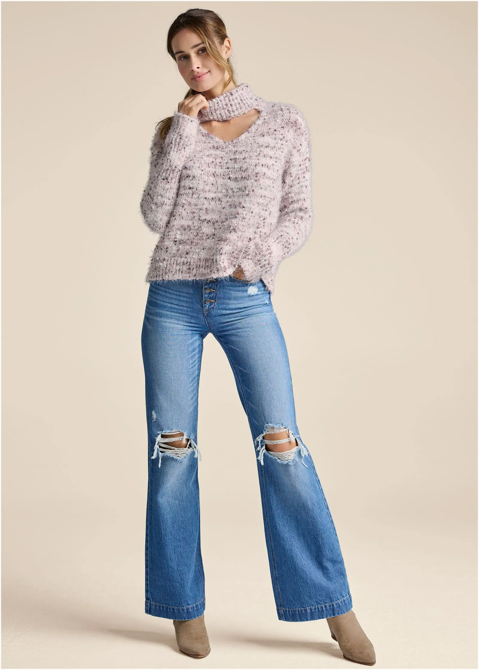 Popcorn Stitch Turtleneck Sweater - Pink Multi