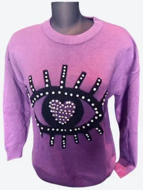 PURPLE EYE LASH BLING SWEATER