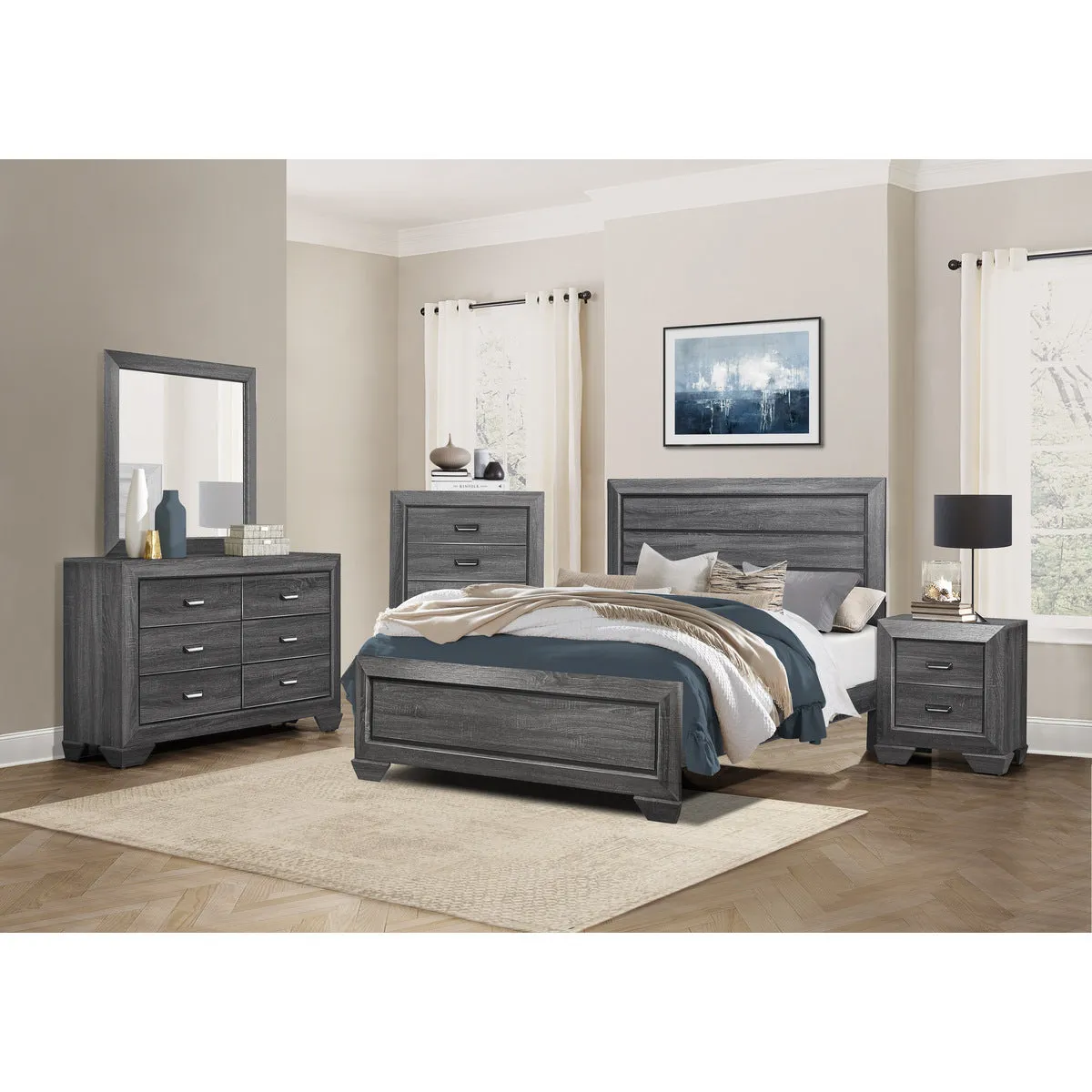 Queen Bed in Gray Finish with Headboard, Footboard, and Rails