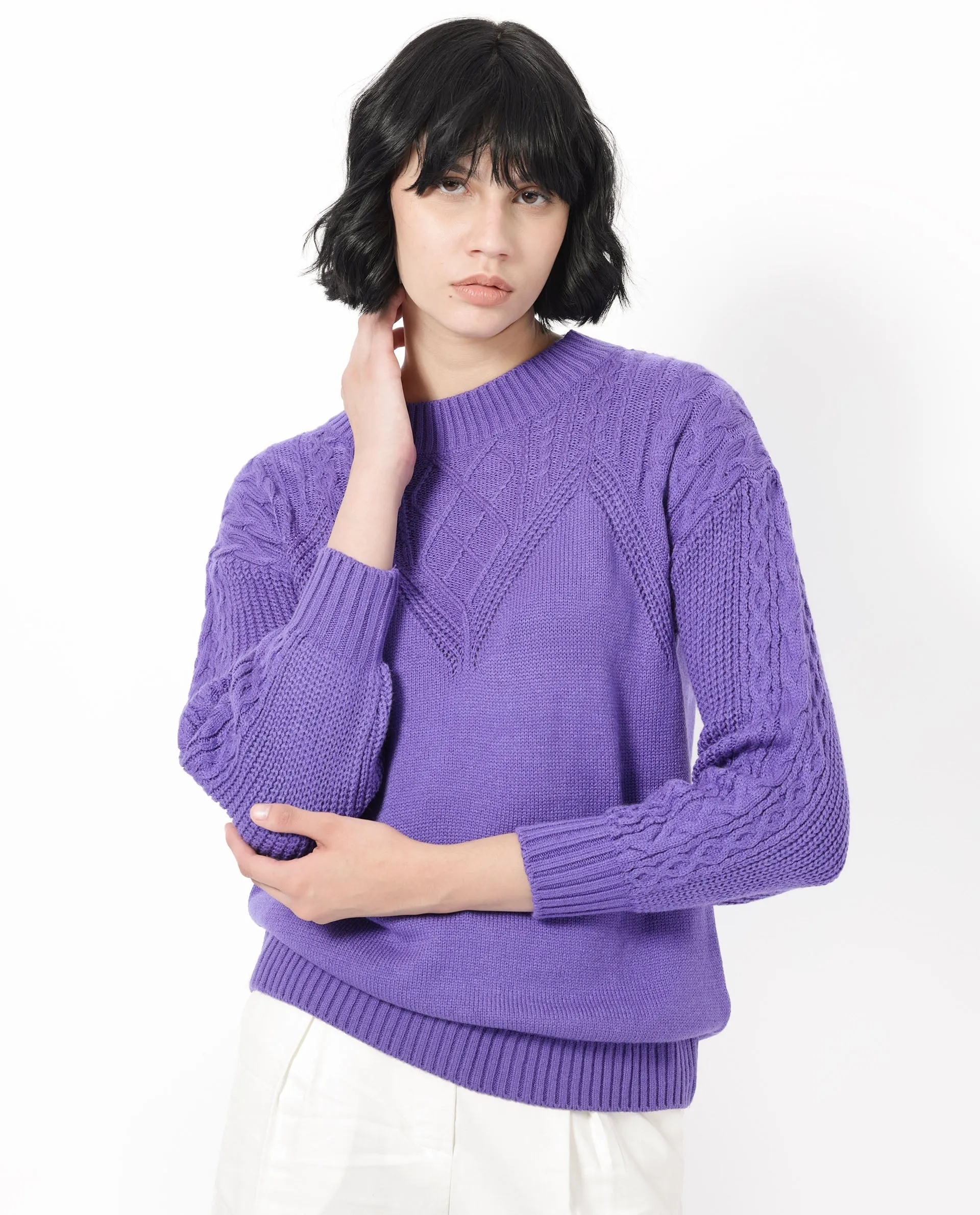 Rareism Women Klein Purple Acrylic Fabric Full Sleeves Round Neck Regular Fit Plain Sweater