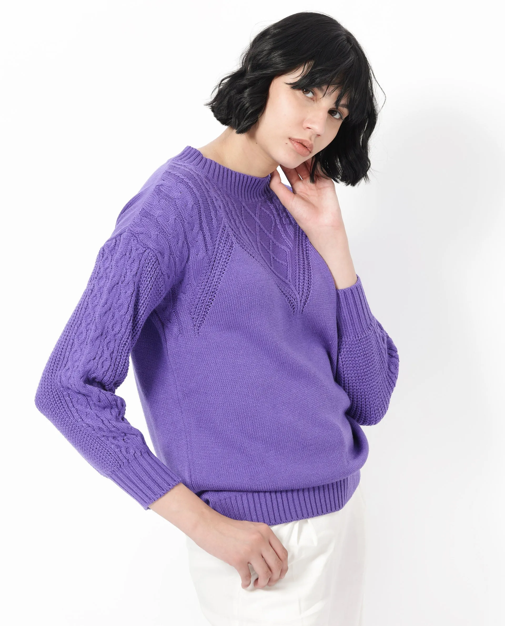 Rareism Women Klein Purple Acrylic Fabric Full Sleeves Round Neck Regular Fit Plain Sweater