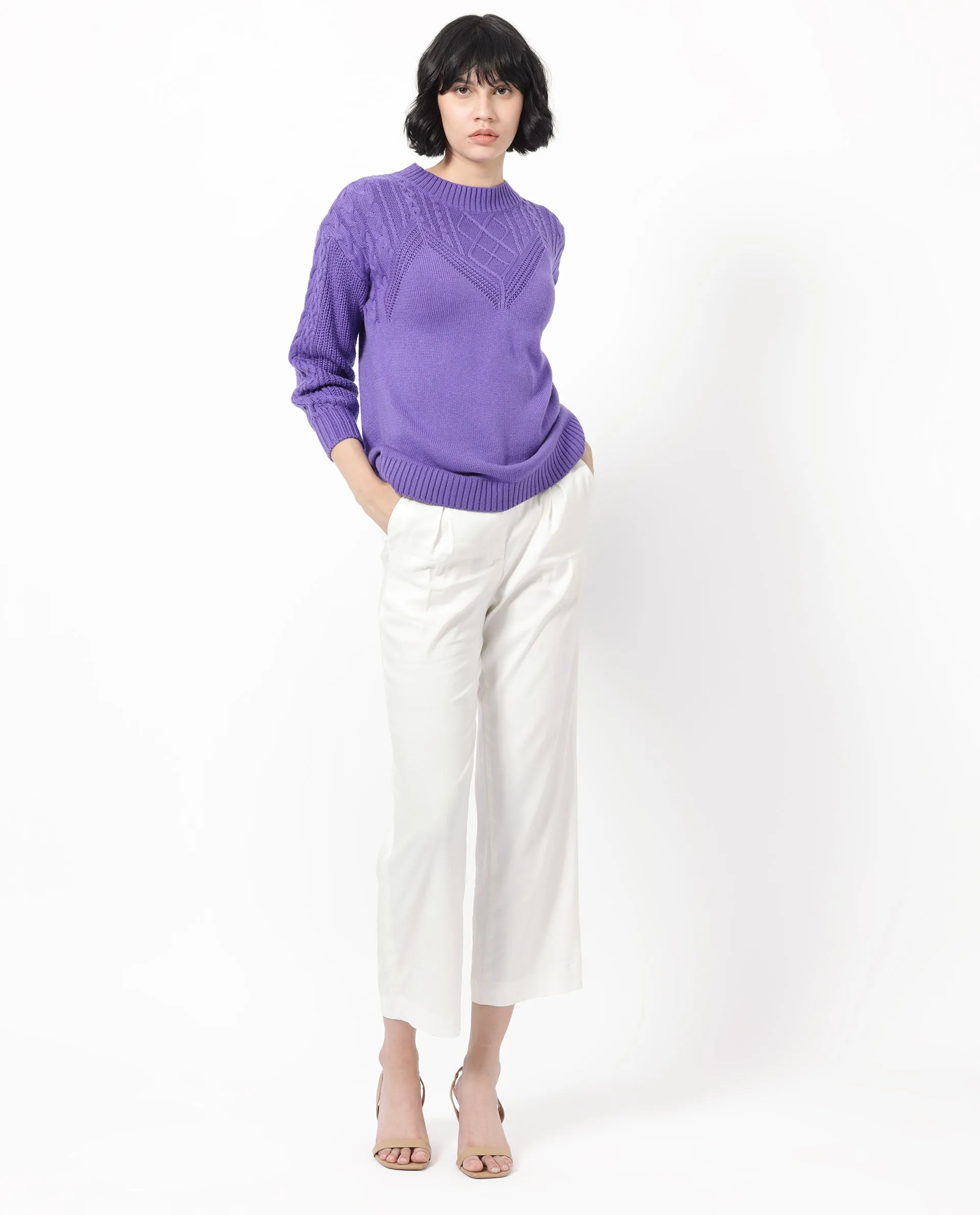 Rareism Women Klein Purple Acrylic Fabric Full Sleeves Round Neck Regular Fit Plain Sweater