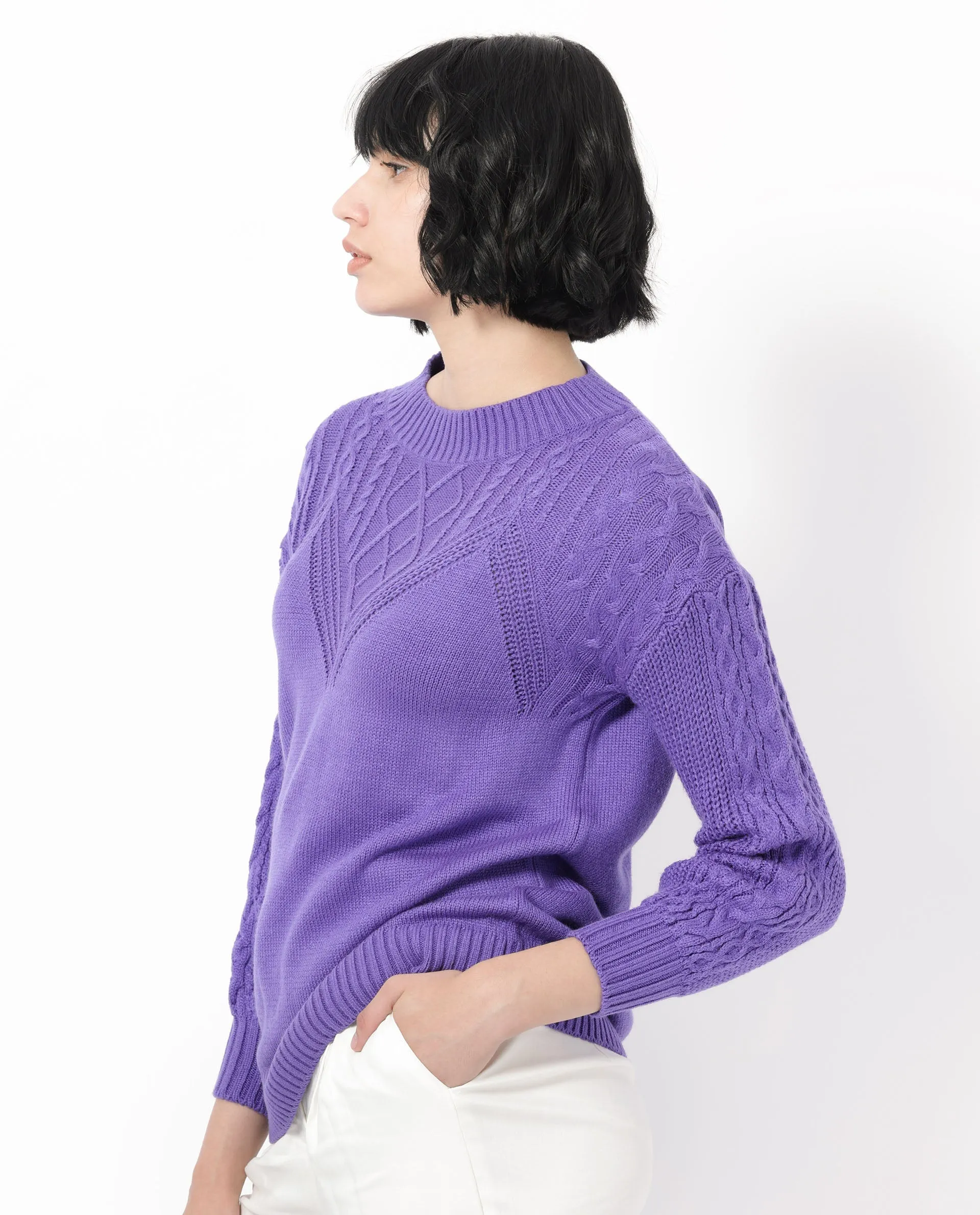 Rareism Women Klein Purple Acrylic Fabric Full Sleeves Round Neck Regular Fit Plain Sweater