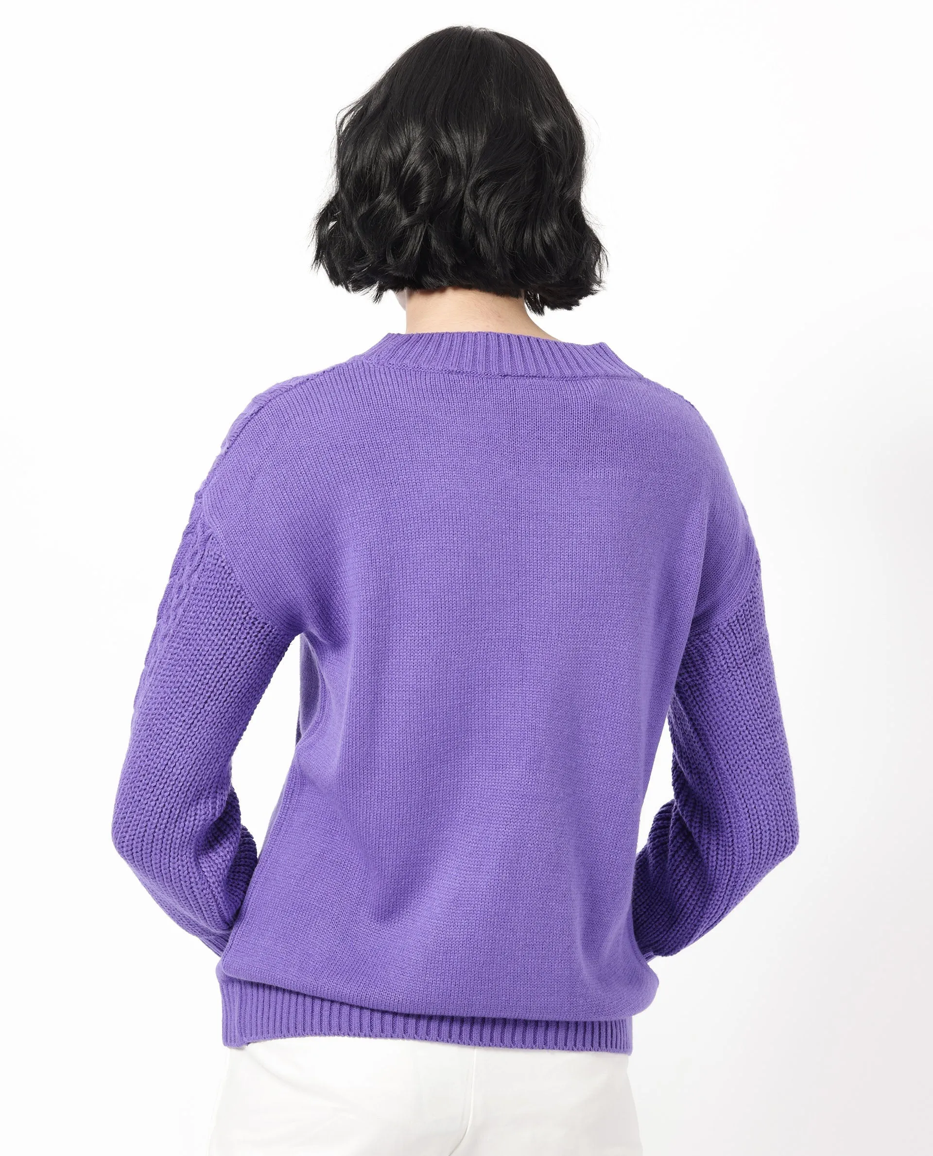 Rareism Women Klein Purple Acrylic Fabric Full Sleeves Round Neck Regular Fit Plain Sweater