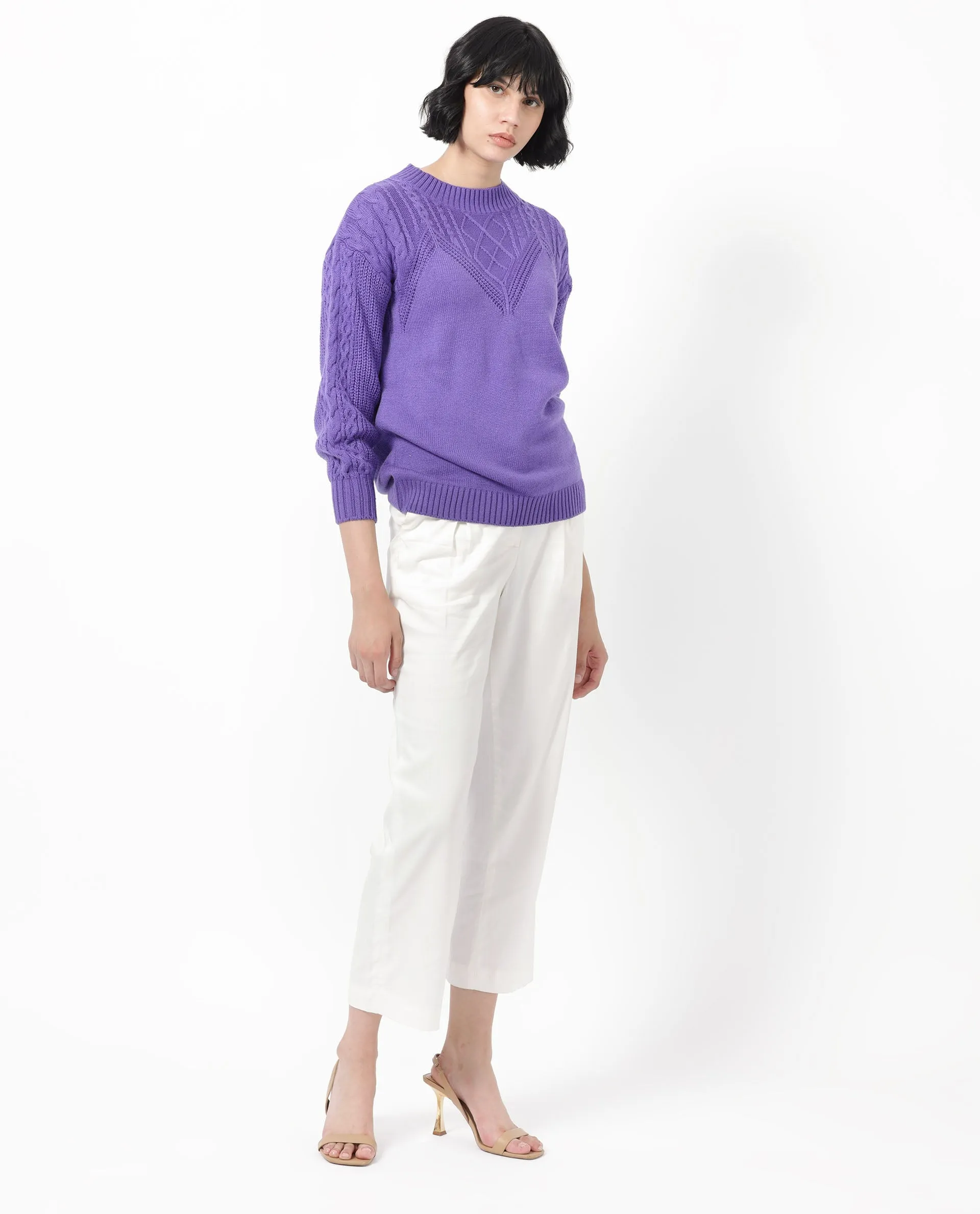 Rareism Women Klein Purple Acrylic Fabric Full Sleeves Round Neck Regular Fit Plain Sweater