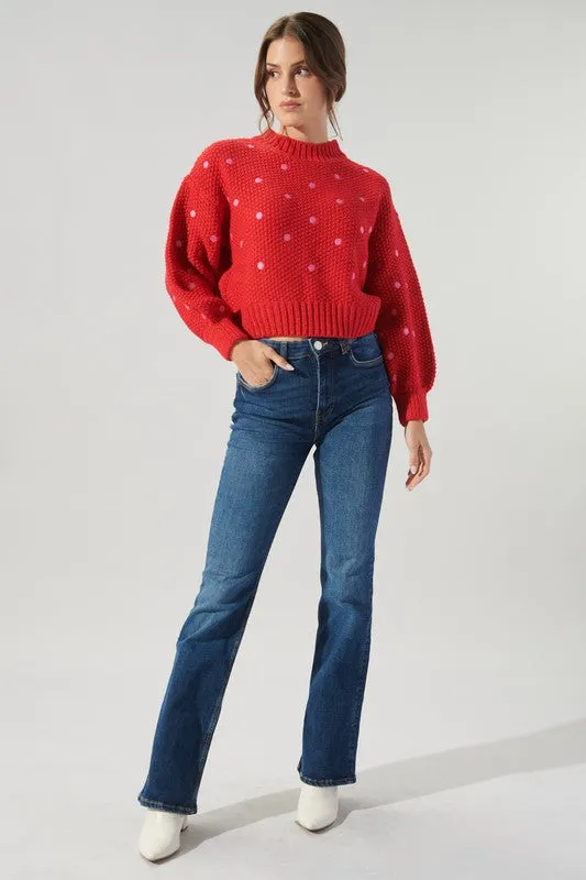 Red-Pink Minnie Embroidered Dot Sweater