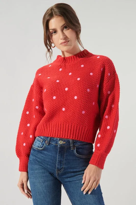 Red-Pink Minnie Embroidered Dot Sweater