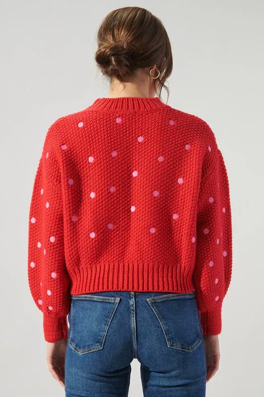 Red-Pink Minnie Embroidered Dot Sweater