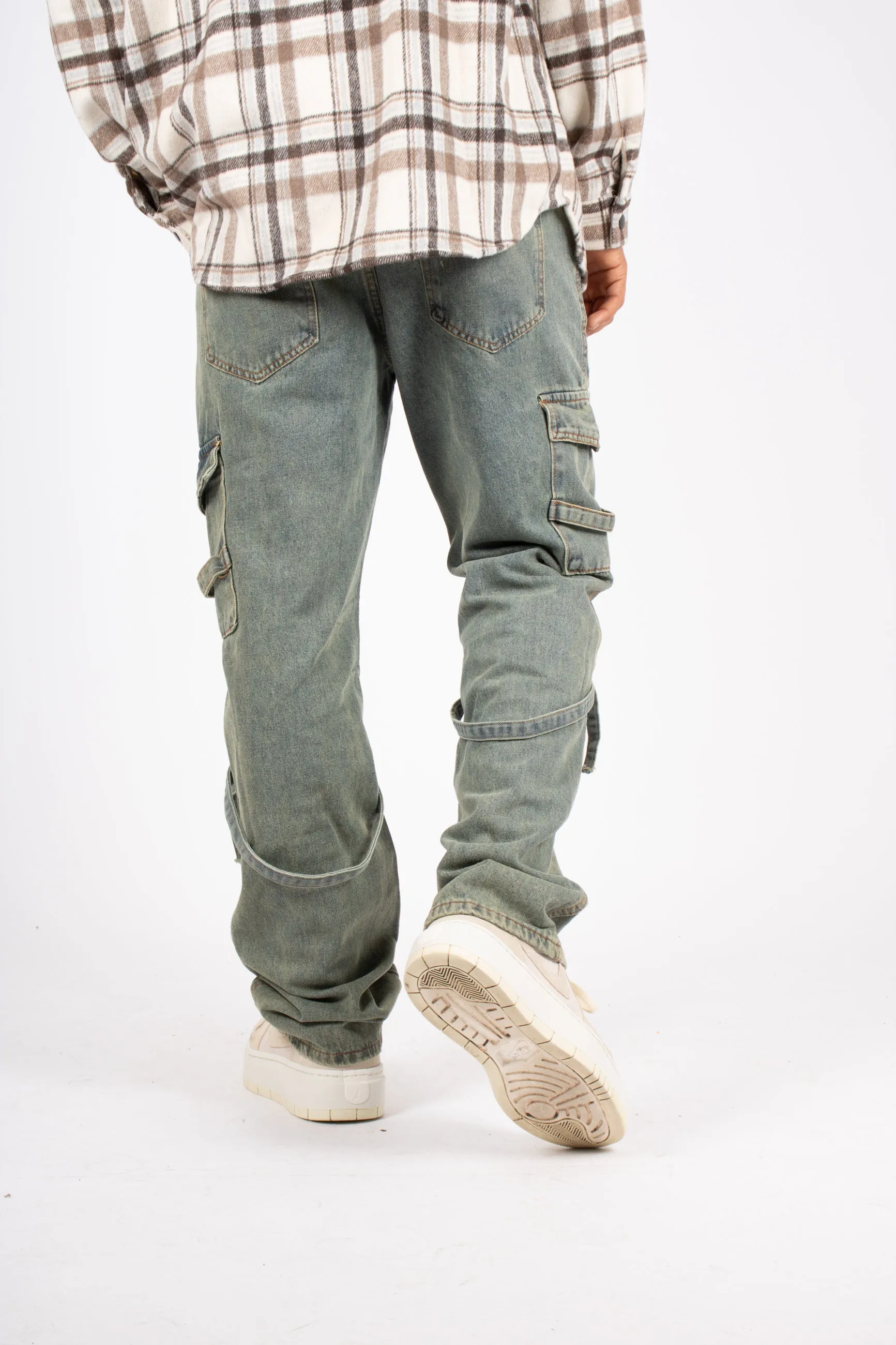 Relaxed Dirty Wash Cargo Pants with Strap Detail