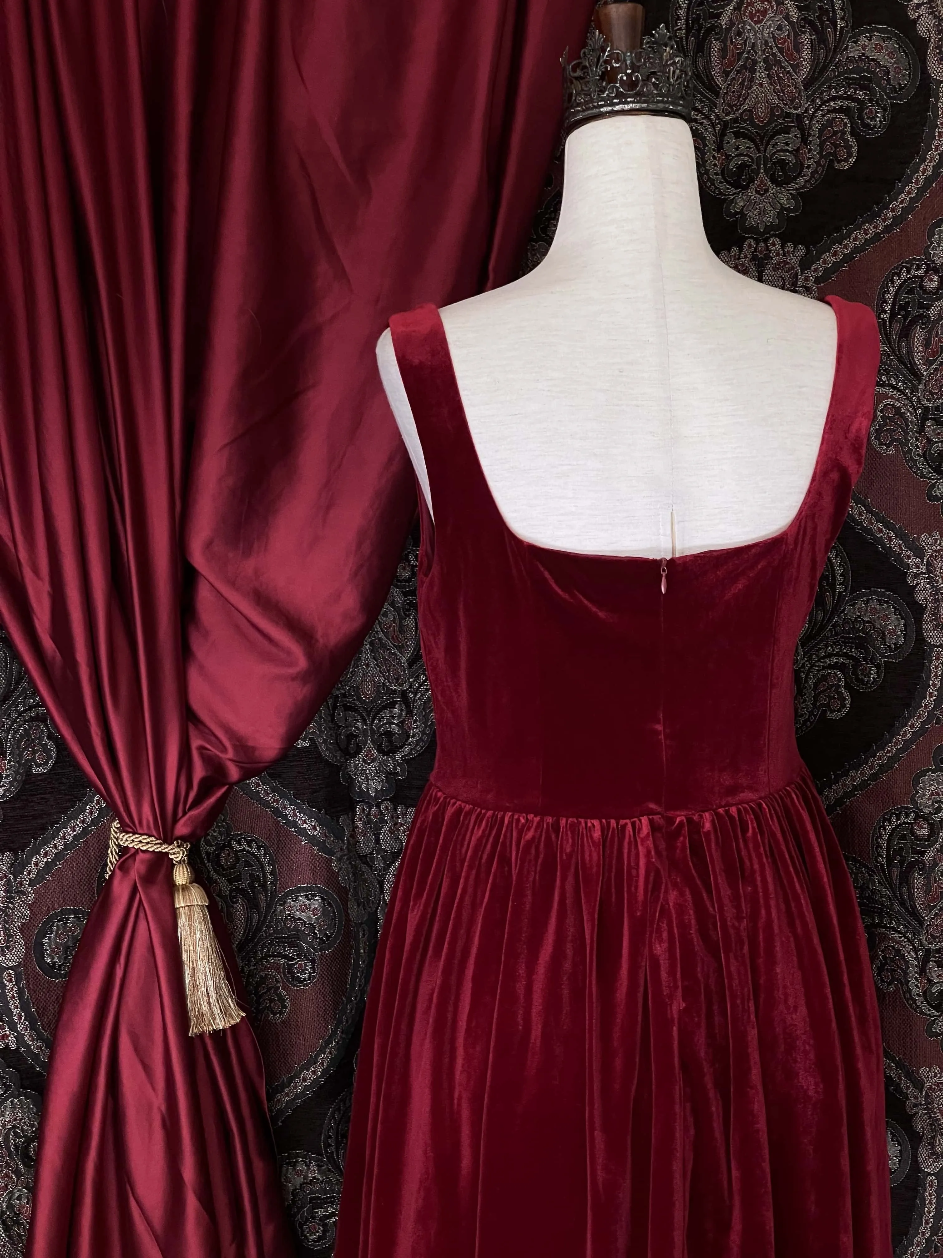 Renaissance & Tudor Era Pleated Velvet Mini Dress in Wine Red