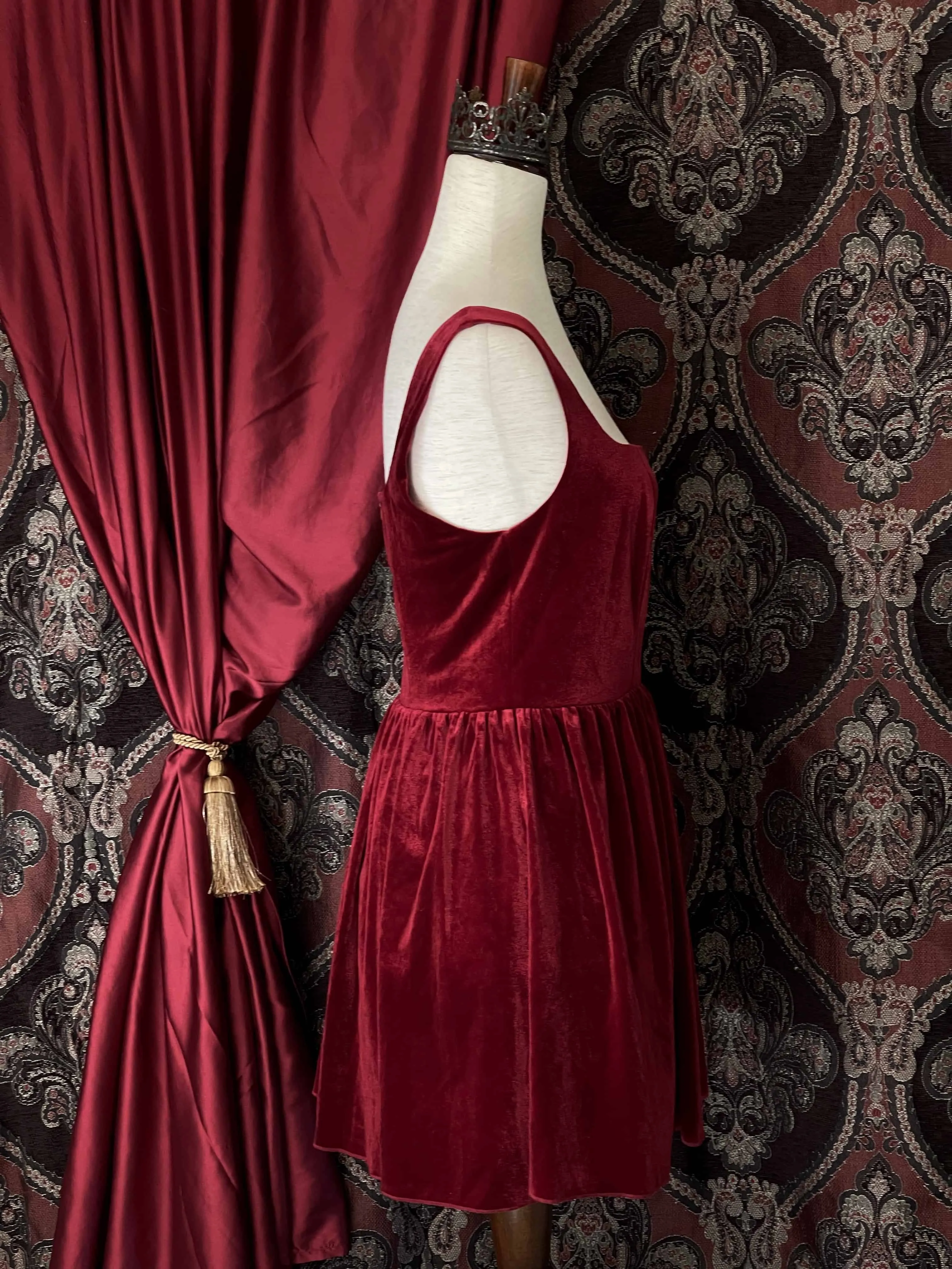 Renaissance & Tudor Era Pleated Velvet Mini Dress in Wine Red